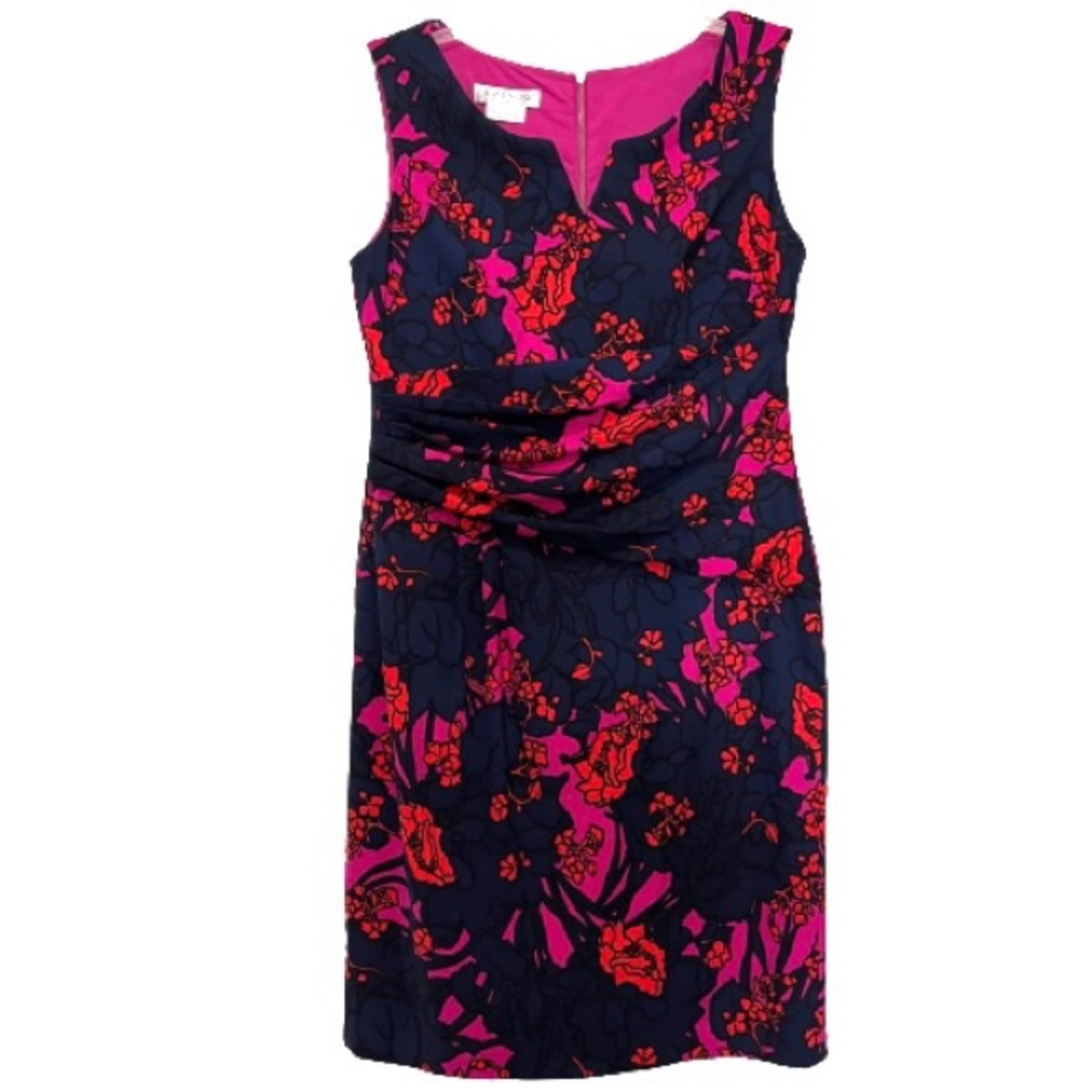 KAY UNGER DESIGNER SHEATH DRESS PLEATED FRONT NAVY WITH RED & PINK FLORAL